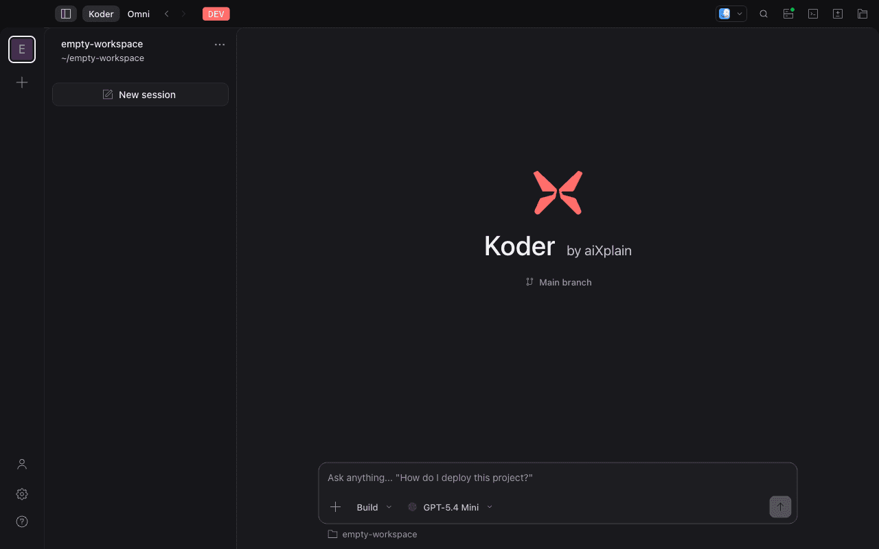 Koder desktop showing a new session in an empty project
