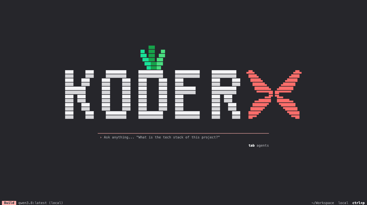 Koder terminal interface ready for a new session in an empty workspace